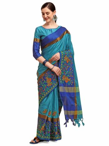 Garb This Partywear Saree Are Fine Saree Paired With Blouse.This Saree And Blouse Are Cotton Silk Based Fabric With Designer Weaving With Thread Embroidery Work. Buy This Pretty Saree Now.