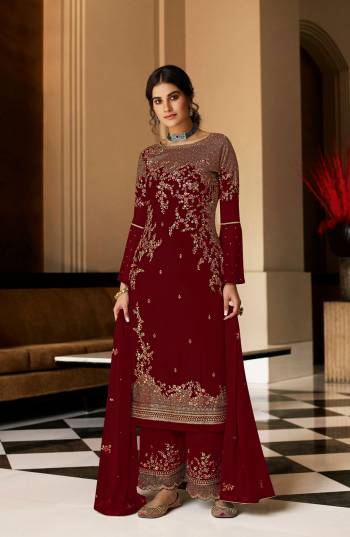 Looking Attrective This Designer Long Length Sharara Suits In Lovely Color.?Its Pretty Designer Thread Embroidery Work Top Is Georgette Based Paired Bottom Santoon With Batterfly Georgette Fabricated Dupatta Which Gives An Attractive To The Dress.