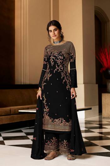 Looking Attrective This Designer Long Length Sharara Suits In Lovely Color.?Its Pretty Designer Thread Embroidery Work Top Is Georgette Based Paired Bottom Santoon With Batterfly Georgette Fabricated Dupatta Which Gives An Attractive To The Dress.