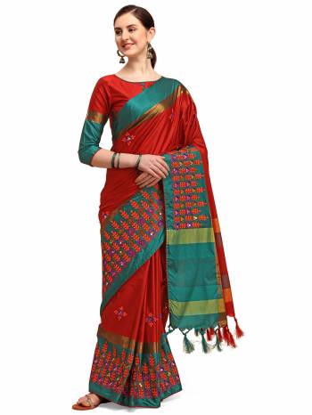 Looking This Partywear Saree Are Fine Saree Paired With Blouse.This Saree And Blouse Are Cotton Silk Based Fabric With Designer Weaving With Thread Embroidery Work. Buy This Pretty Saree Now.