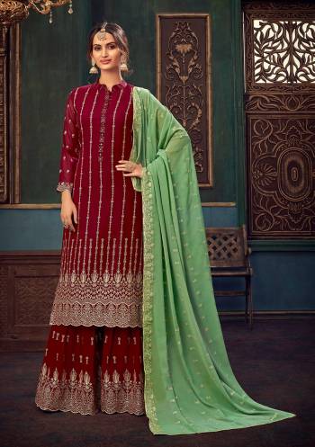 Attrective Look This Designer Long Length Suit In Lovely Color.Its Pretty Heavy Designer Embroidery,Swarovski Metal Hand Work Top Is Georgette Based Paired With Santoon Bottom And Georgette Fabricated Dupatta Which Gives An Attractive To The Suit.