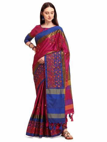 Garb This Partywear Saree Are Fine Saree Paired With Blouse.This Saree And Blouse Are Cotton Silk Based Fabric With Designer Weaving With Thread Embroidery Work. Buy This Pretty Saree Now.
