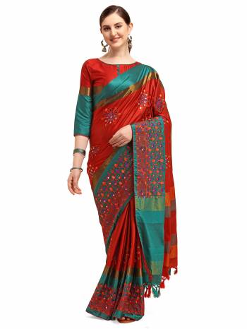 Garb This Partywear Saree Are Fine Saree Paired With Blouse.This Saree And Blouse Are Cotton Silk Based Fabric With Designer Weaving With Thread Embroidery Work. Buy This Pretty Saree Now.