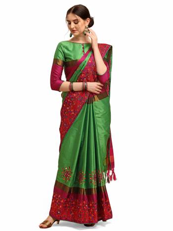 Garb This Partywear Saree Are Fine Saree Paired With Blouse.This Saree And Blouse Are Cotton Silk Based Fabric With Designer Weaving With Thread Embroidery Work. Buy This Pretty Saree Now.