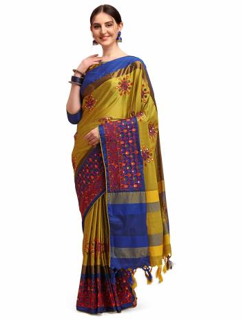 Garb This Partywear Saree Are Fine Saree Paired With Blouse.This Saree And Blouse Are Cotton Silk Based Fabric With Designer Weaving With Thread Embroidery Work. Buy This Pretty Saree Now.