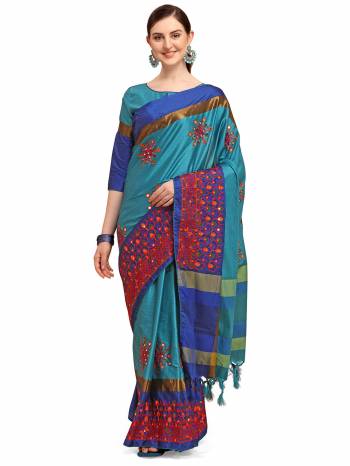 Garb This Partywear Saree Are Fine Saree Paired With Blouse.This Saree And Blouse Are Cotton Silk Based Fabric With Designer Weaving With Thread Embroidery Work. Buy This Pretty Saree Now.