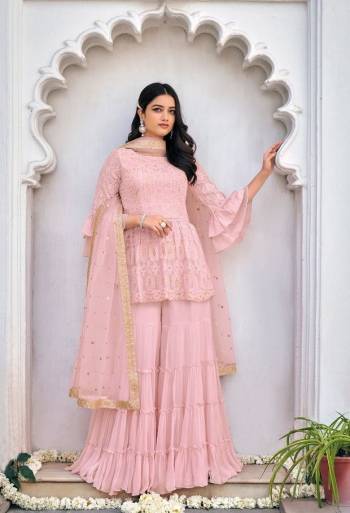 Attrective This Designer Long Length Sharara Suits In Lovely Color.?Its Pretty Designer Thread Embroidery Work Top Is Viscose Georgette Based Paired Bottom Viscose Georgette With Batterfly Soft Net Fabricated Dupatta Which Gives An Attractive To The Dress.