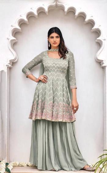 Attrective This Designer Long Length Sharara Suits In Lovely Color.?Its Pretty Designer Thread Embroidery Work Top Is Viscose Georgette Based Paired Bottom Viscose Georgette With Batterfly Soft Net Fabricated Dupatta Which Gives An Attractive To The Dress.