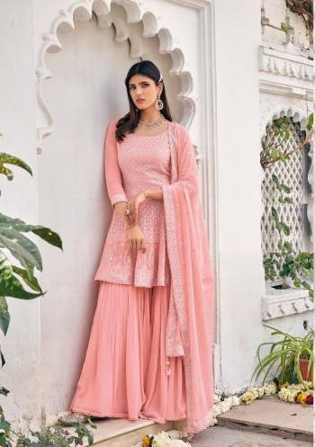 Attrective This Designer Long Length Sharara Suits In Lovely Color.?Its Pretty Designer Thread Embroidery Work Top Is Viscose Georgette Based Paired Bottom Viscose Georgette With Batterfly Soft Net Fabricated Dupatta Which Gives An Attractive To The Dress.