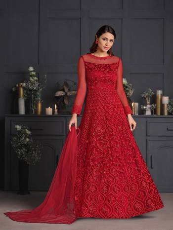 Attrective This Partywear Designer Long Suits In Lovely Fine Color.?Its Pretty Designer Thread Embroidery Work Top Is Butterfly Net Based Paired Bottom Satin With Batterfly Net Fabricated Dupatta Which Gives An Attractive To The Dress.