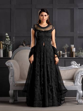 Attrective This Partywear Designer Long Suits In Lovely Fine Color.?Its Pretty Designer Thread Embroidery Work Top Is Butterfly Net Based Paired Bottom Satin With Batterfly Net Fabricated Dupatta Which Gives An Attractive To The Dress.