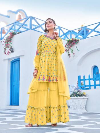 Grab This Readymade Sharara Plazzo Suits In Fine Color Fabricated On Georgette And Dupatta Are Net Beautified With Embroidery Work. It Is Light In Weight And Easy To Carry All Day Long. 