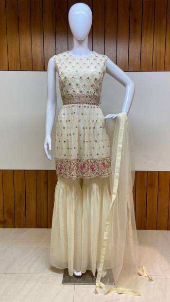 Grab This Readymade Sharara Plazzo Suits In Fine Color Fabricated On Georgette And Dupatta Are Net Beautified With Embroidery Work. It Is Light In Weight And Easy To Carry All Day Long. 