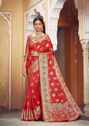 Looking This Traditional Partywear Saree Are Fine Saree Paired With Contrasted Blouse.This Saree And Blouse Are Banarasi Silk Based Fabric With Designer Weaving Work. Buy This Pretty Saree Now.