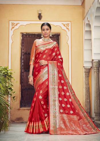 Looking This Traditional Partywear Saree Are Fine Saree Paired With Contrasted Blouse.This Saree And Blouse Are Banarasi Silk Based Fabric With Designer Weaving Work. Buy This Pretty Saree Now.