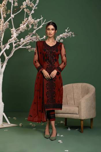 Attrective This Designer Suits In Lovely Dark Color.Its Pretty Designer Thread,Sequance Embroidery Work Top Is Net Based Paired Bottom Banglori Silk With Net Fabricated Dupatta Which Gives An Attractive To The Dress.