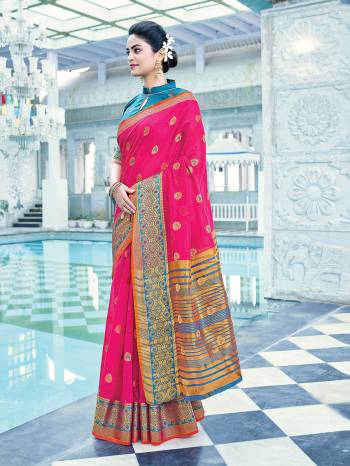 Looking This Traditional Saree Are Fine Saree Paired With Contrasted Blouse.This Saree And Blouse Are Cotton Based Fabric With Heavy Wevon Designer Work. Buy This Pretty Saree Now.