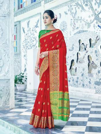 Looking This Traditional Saree Are Fine Saree Paired With Contrasted Blouse.This Saree And Blouse Are Cotton Based Fabric With Heavy Wevon Designer Work. Buy This Pretty Saree Now.