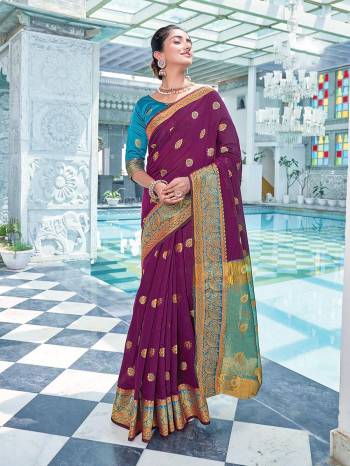 Looking This Traditional Saree Are Fine Saree Paired With Contrasted Blouse.This Saree And Blouse Are Cotton Based Fabric With Heavy Wevon Designer Work. Buy This Pretty Saree Now.