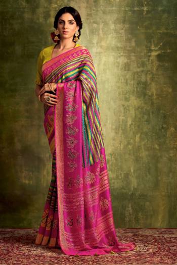 Garb This Saree Are Fine Saree Paired With Contrasted Blouse.This Saree And Blouse Are Chanderi Silk Based Fabric With Designer Digital Printed. Buy This Pretty Saree Now.