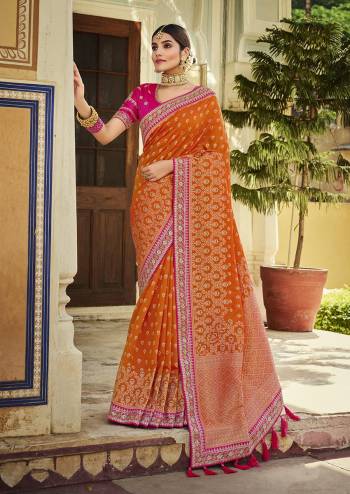 Attrective Looking This Traditional Partywear Saree Are Fine Saree Paired With Contrasted Blouse.This Saree And Blouse Are Banarasi Silk Fabric With Heavy Weaving Designer And Blouse Are Embroidery Work. Buy This Pretty Saree Now.