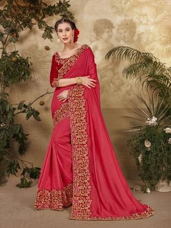 Grab This Pretty Elegant Looking Designer Saree In Fine Color Paired With Blouse. This Saree And Blouse Are Vichitra Silk Based Beautified With Embroidery Peaich And Blouse Work. Buy Now.