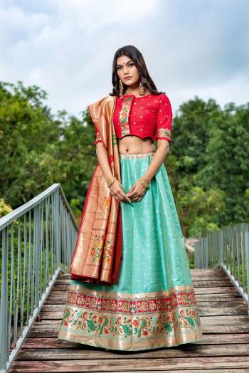 Looking This Partywear Designer Lehenga Choli And Dupatta In Fine Color Fabricated On Silk Beautified Fabric With Heavy Designer Weaving Border Butti Border Work. 