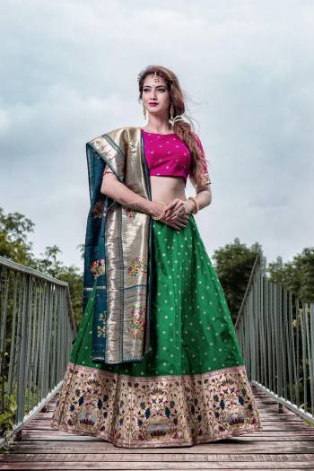 Looking This Partywear Designer Lehenga Choli And Dupatta In Fine Color Fabricated On Silk Beautified Fabric With Heavy Designer Weaving Border Butti Border Work. 