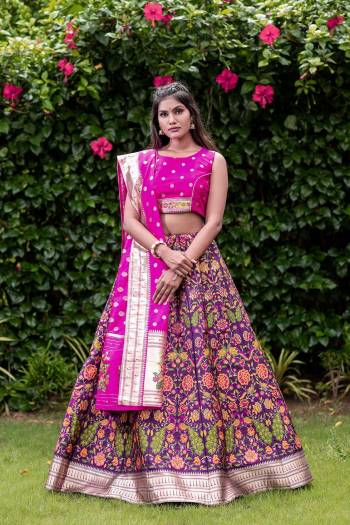 Looking This Partywear Designer Lehenga Choli And Dupatta In Fine Color Fabricated On Silk Beautified Fabric With Heavy Designer Weaving Border Butti Border Work. 