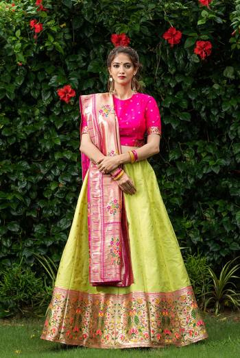 Looking This Partywear Designer Lehenga Choli And Dupatta In Fine Color Fabricated On Silk Beautified Fabric With Heavy Designer Weaving Border Butti Border Work. 