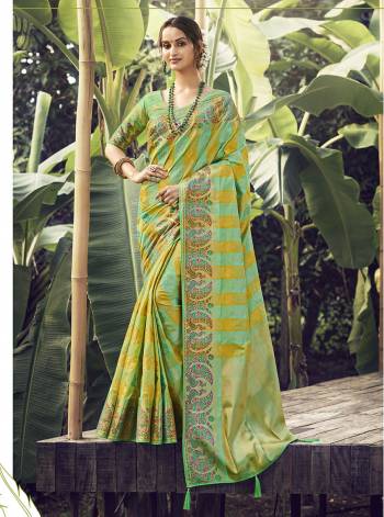 Garb This Pretty Angelic Look Wearing This Heavy Designer Wevon Work Saree In Fine Color Paired With Blouse. This Saree And Blouse Is Fabricated On Silk Paired. Its Pretty Color Pallete Will Give An Attractive Look To Your Personality. 