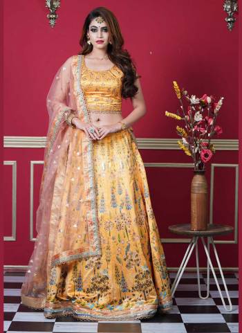 Garb This Partywear Designer Lehenga Choli And Dupatta In Fine Color Fabricated On Silk Beautified Fabric With Heavy Designer Gota Thread Embroidery With Swarovski Work. 