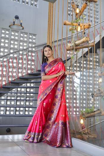 Stylist This Partywear Saree Are Fine Saree Paired With Blouse.This Saree And Blouse Are Kanjivaram Silk Based Fabric With Heavy Jacquard Designer Work. Buy This Pretty Saree Now.