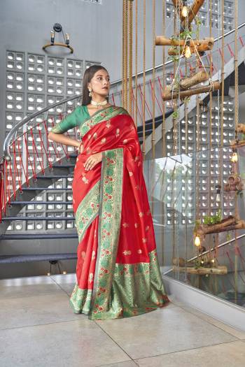 Stylist This Partywear Saree Are Fine Saree Paired With Blouse.This Saree And Blouse Are Kanjivaram Silk Based Fabric With Heavy Jacquard Designer Work. Buy This Pretty Saree Now.