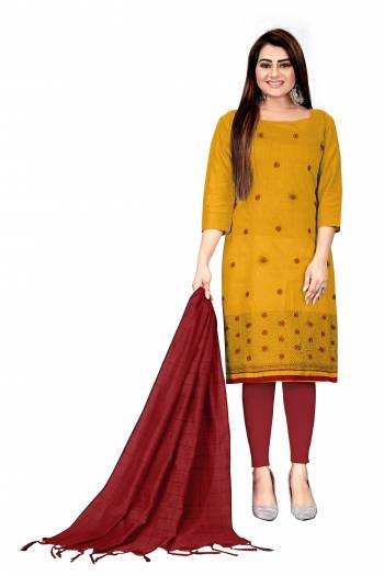 Looking This Suits In Lovely Color.?Its Pretty Top Is Banarasi Cotton Based Paired Bottom Cotton With Art Banarasi Jacquard Fabricated Dupatta Are Embroidery Work. Which Gives An Attractive To The Dress.