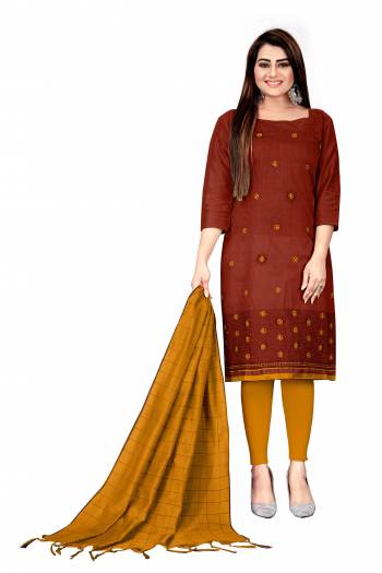 Looking This Suits In Lovely Color.?Its Pretty Top Is Banarasi Cotton Based Paired Bottom Cotton With Art Banarasi Jacquard Fabricated Dupatta Are Embroidery Work. Which Gives An Attractive To The Dress.