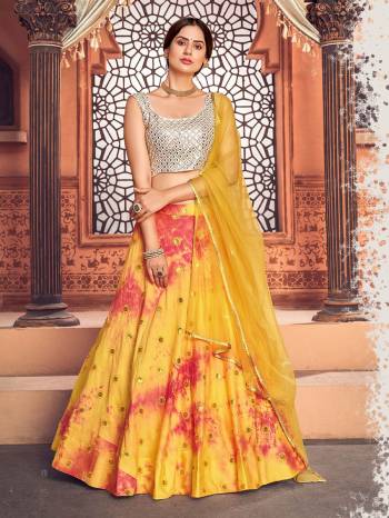 Looking This Partywear Heavy Designer Choli Fabric Are Rayon And Lahenga Cotton And Dupatta Net In Fabricated Beautified With Attrective Sebori Printed,Thread,Sequance ,Gota Patti Embroidery Work. 