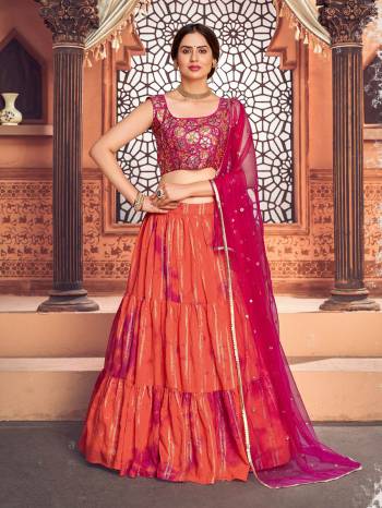 Looking This Partywear Heavy Designer Choli Fabric Are Rayon And Lahenga Cotton And Dupatta Net In Fabricated Beautified With Attrective Sebori Printed,Thread,Sequance Embroidery Work. 