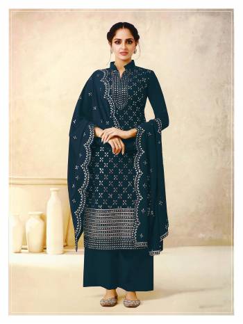 Attrective This Designer Long Length Plazzo Suit In Lovely Color.Its Pretty Heavy Designer Foil Paper With Embroidery Work Top Is Faux Georgette Based Paired With Santoon Bottom And Faux Georgette Fabricated Dupatta Which Gives An Attractive To The Suit.