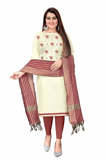 Looking This Suits In Lovely Color.?Its Pretty Top Is Slub Cotton Based Paired Bottom Cotton With Jacquard Fabricated Dupatta Are Embroidery Work And Wevon. Which Gives An Attractive To The Dress.