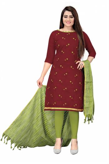 Looking This Suits In Lovely Color.?Its Pretty Top Is Banarasi Cotton Based Paired Bottom Cotton With Banarasi Jacquard Fabricated Dupatta Are Embroidery Work And Wevon. Which Gives An Attractive To The Dress.