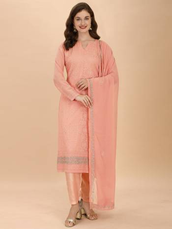 Stylist This Designer Long Length Suit In Lovely Light Color.Its Pretty Heavy Designer Thread Embroidery Work Top Is Georgette Based Paired With Santoon Bottom And Georgette Fabricated Dupatta Which Gives An Attractive To The Suit.