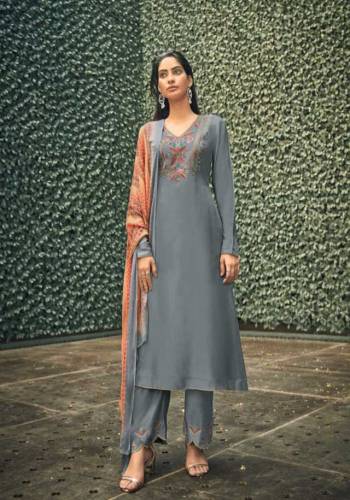 Fine Looking This Designer Long Length Suit In Lovely Color.Its Pretty Designer Embroidery Top Is Viscose Silk Based Paired With Viscose Santoon Bottom And Bemberg Chiffon With Digital Printed Fabricated Dupatta Which Gives An Attractive To The Suit.