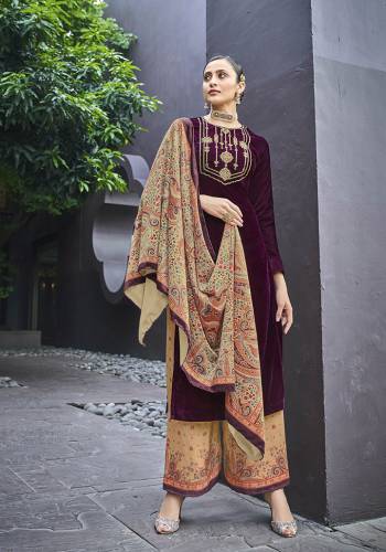 Garb This Designer Long Length Suit In Lovely Color.Its Pretty Designer Embroidery Top Is Valvet Based Paired With Pashmina Bottom And Velvet With Digital Printed Fabricated Dupatta Which Gives An Attractive To The Suit.