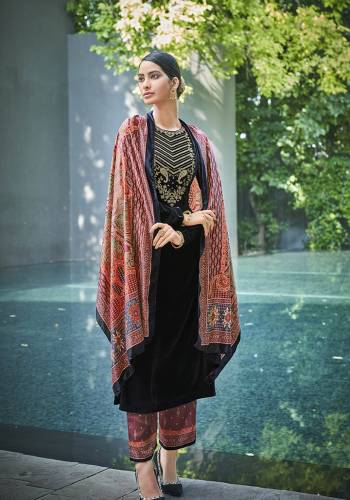 Garb This Designer Long Length Suit In Lovely Color.Its Pretty Designer Embroidery Top Is Valvet Based Paired With Pashmina Bottom And Velvet With Digital Printed Fabricated Dupatta Which Gives An Attractive To The Suit.