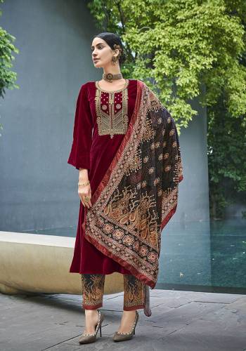 Garb This Designer Long Length Suit In Lovely Color.Its Pretty Designer Embroidery Top Is Valvet Based Paired With Pashmina Bottom And Velvet With Digital Printed Fabricated Dupatta Which Gives An Attractive To The Suit.