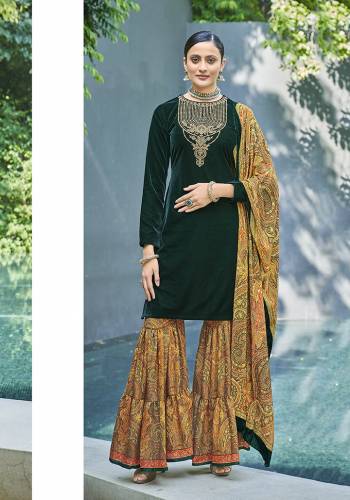 Garb This Designer Long Length Suit In Lovely Color.Its Pretty Designer Embroidery Top Is Valvet Based Paired With Pashmina Bottom And Velvet With Digital Printed Fabricated Dupatta Which Gives An Attractive To The Suit.