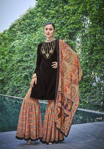 Garb This Designer Long Length Suit In Lovely Color.Its Pretty Designer Embroidery Top Is Valvet Based Paired With Pashmina Bottom And Velvet With Digital Printed Fabricated Dupatta Which Gives An Attractive To The Suit.