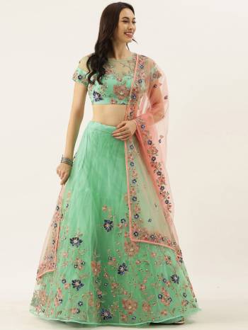 Garb This Partywear Heavy Designer Choli Fabric Are Net And Lahenga Net And Dupatta Net In Fabricated Beautified With Attrective Embroidery Work. Buy Now.