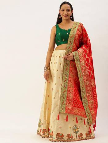 Looking This Partywear Heavy Designer Choli Fabric Are Satin Silk And Lahenga Satin Silk And Dupatta Banarasi Silk With Wevon Designer Fabricated Beautified With Attrective Fihure Embroidery Work. Buy Now.